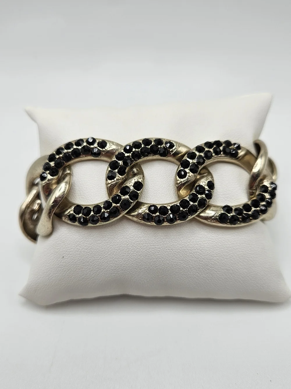 VINTAGE Silver Tone Black Rhinestone large Chain Link Bracelet Toggle Close Punk